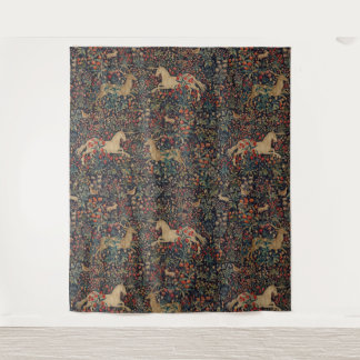 Mediaeval Unicorn Stag Deer Midnight Floral Garden Tapestry