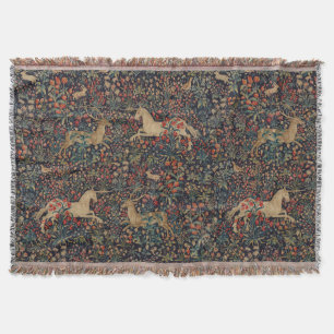 Mediaeval Unicorn Stag Deer Midnight Floral Garden Throw Blanket