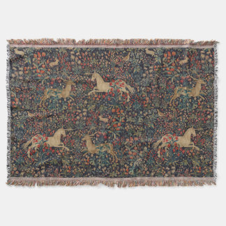 Mediaeval Unicorn Stag Deer Midnight Floral Garden Throw Blanket