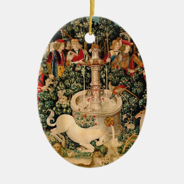 Mediaeval Unicorn Tapestries Print: Met Cloisters Ceramic Tree Decoration (Front)