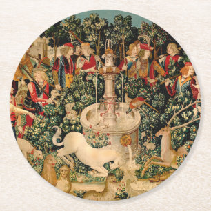 Mediaeval Unicorn Tapestries Print: Met Cloisters Round Paper Coaster