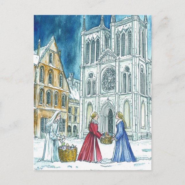 Mediaeval Village Scene Merry Christmas Postcard (Front)