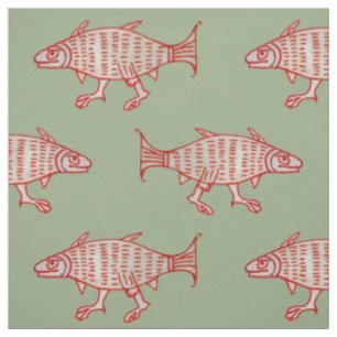 Mediaeval Walking Fish on Green Fabric