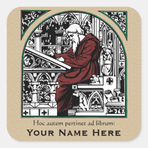 Mediaeval Writing Desk and Monk Bookplate Square Sticker
