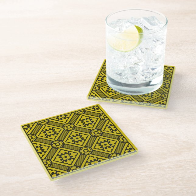Mediaeval Yellow Black Lilies Romanesque Pattern Glass Coaster (Angled)
