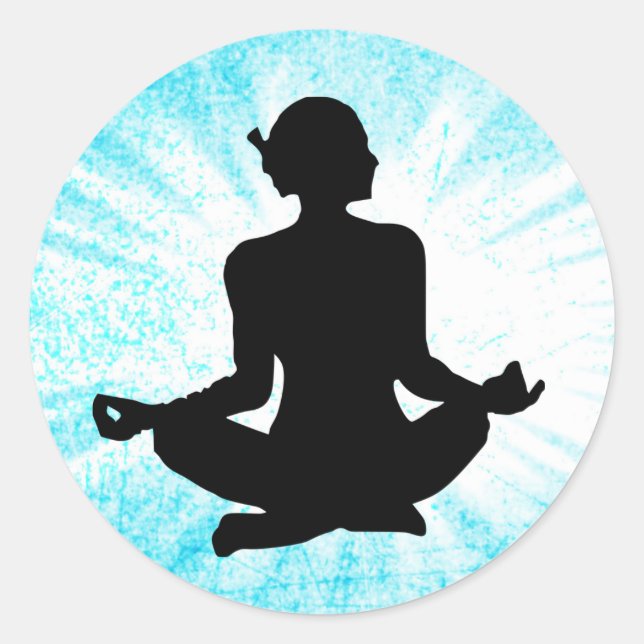 Mediation Zen Woman Black and Blue Sunburst Classic Round Sticker (Front)