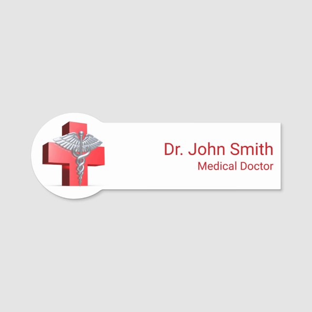 Medical 3D Caduceus Cross Red Silver Name Tag (Front)