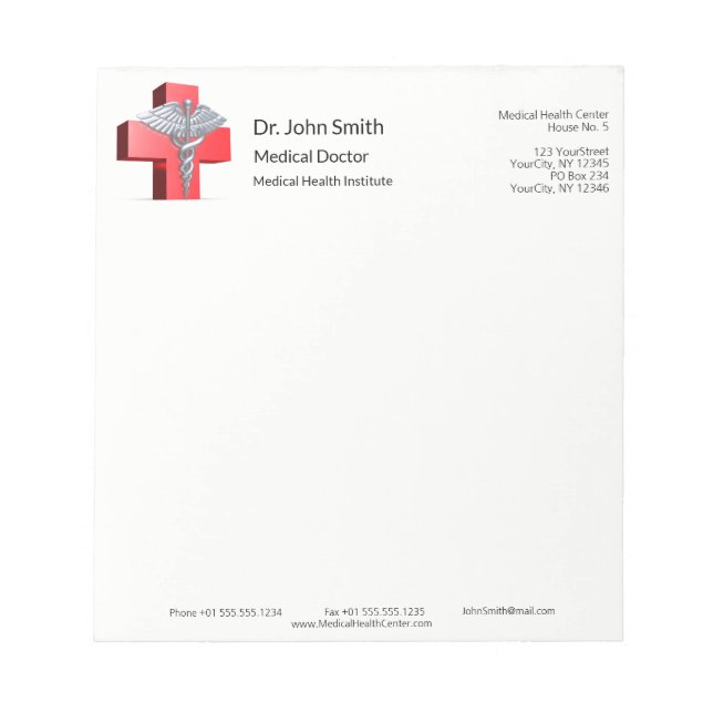 Medical 3D Caduceus Cross Red Silver Notepad (Front)