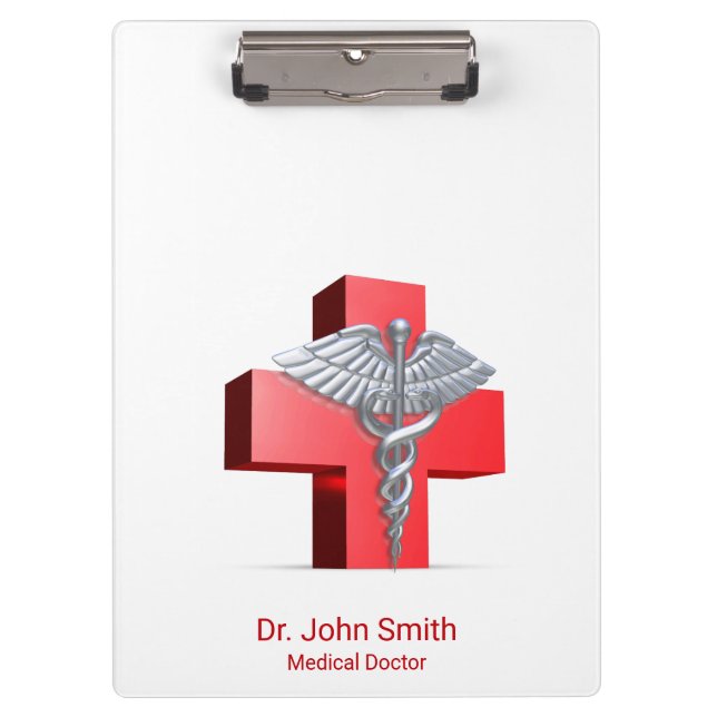 Medical 3D Silver Caduceus Cross Red Clipboard (Front)