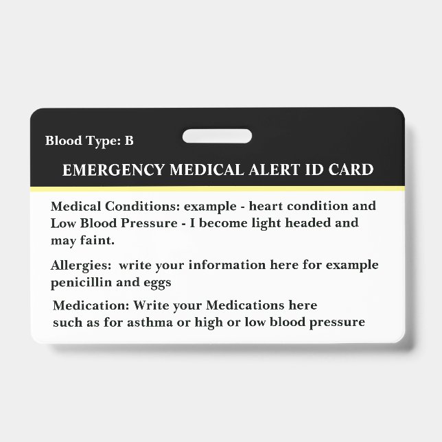 Medical Alert Emergency Contact ID Card Custom  Badge (Front)