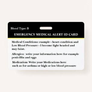 Medical Alert Emergency Contact ID Card Custom  ID Badge