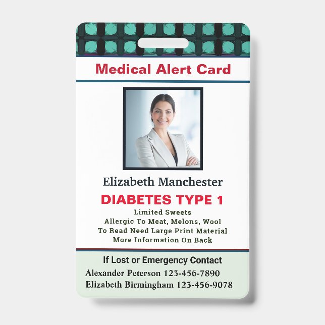 Medical Alert ID Card Photo Name Custom Badge (Front)