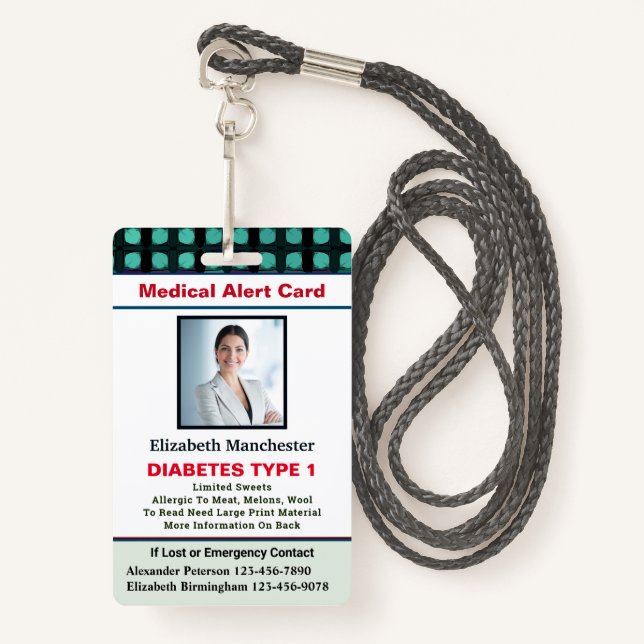 Medical Alert ID Card Photo Name Custom ID Badge (Front with Lanyard)