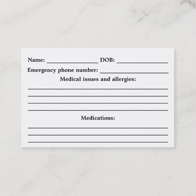 Medical Alert ID - Customizable Business Card (Back)