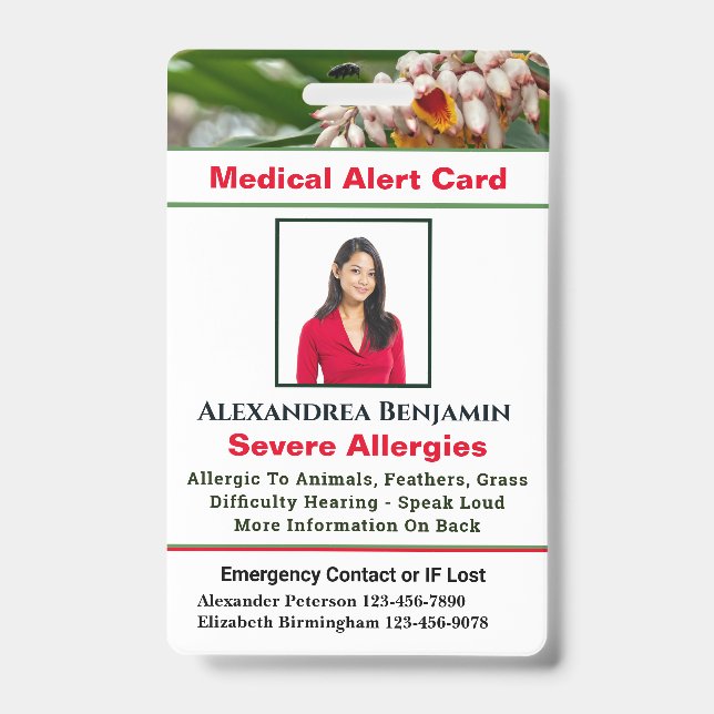 Medical Allergy Alert Emergency Photo Custom ID Ba Badge (Front)