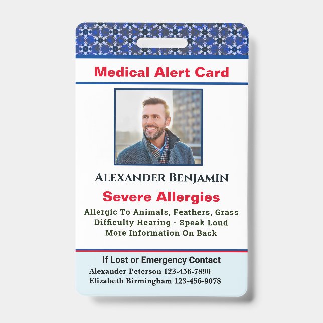 Medical Allergy Alert Emergency Photo Custom ID Badge (Front)