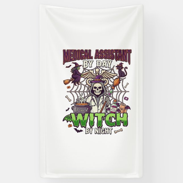 Medical Assistant Witch Skeleton Syringe Cauldron  Banner (Vertical)
