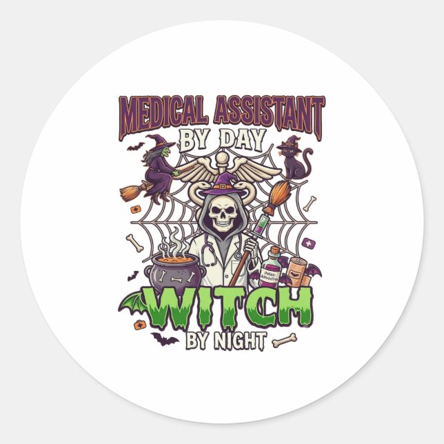 Medical Assistant Witch Skeleton Syringe Cauldron  Classic Round Sticker (Front)