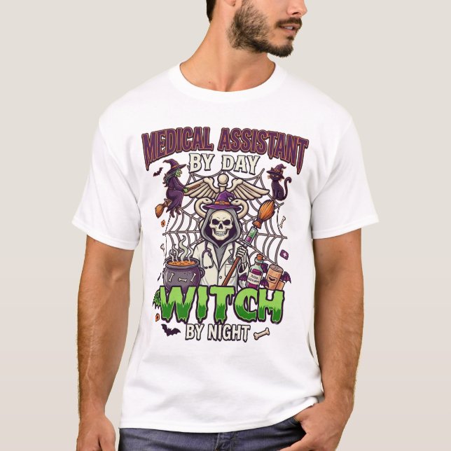 Medical Assistant Witch Skeleton Syringe Cauldron  T-Shirt (Front)