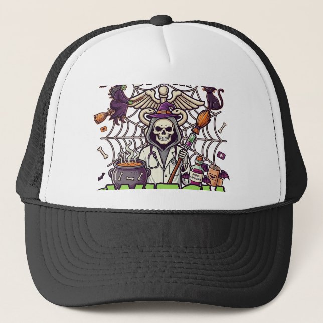 Medical Assistant Witch Skeleton Syringe Cauldron  Trucker Hat (Front)