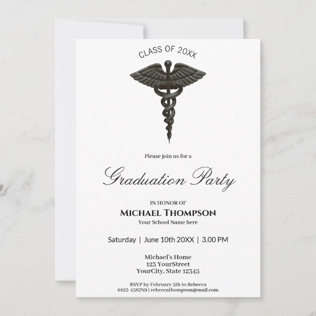 Medical Black Caduceus Noble Graduation Invitation (Front)