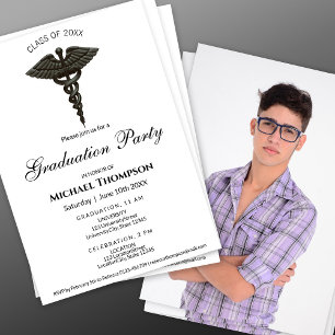 Medical Black Caduceus Noble Graduation   Photo Invitation