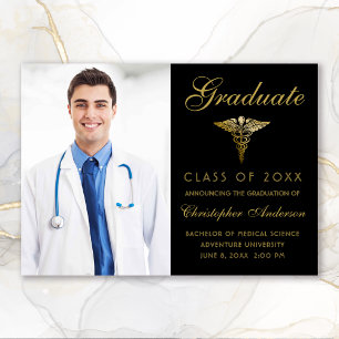 Medical Black Gold Caduceus Photo Graduation Announcement