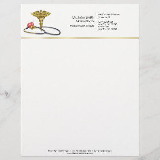 Medical Caduceus Gold & Stethoscope with Heart Custom Letterhead