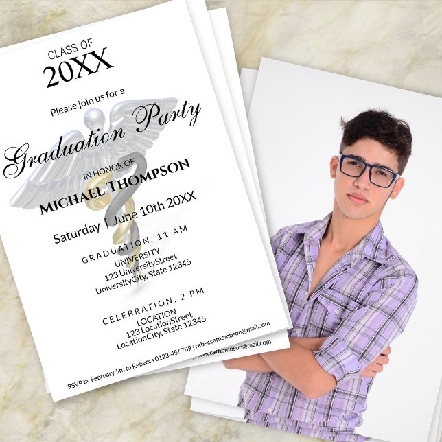 Medical Caduceus Graduation Party | Photo Invitation (Creator Uploaded)