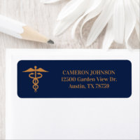 Medical Caduceus Navy Blue Gold Return Address