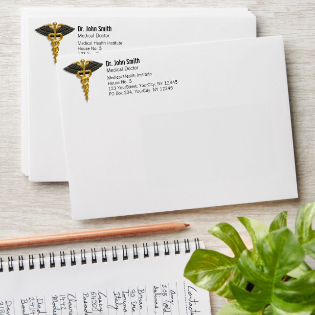Medical Classy Elegant Gold Caduceus Black Wings Envelope (Stacked)