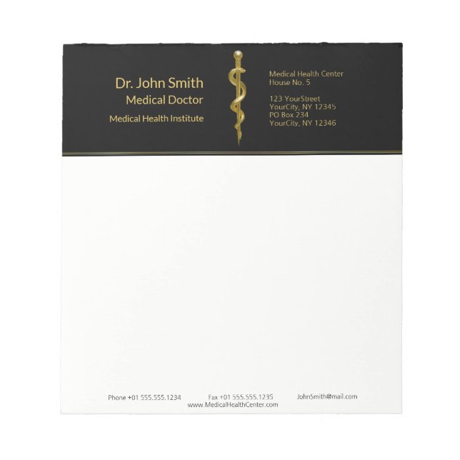 Medical Classy Rod of Asclepius Gold on Black Notepad (Front)