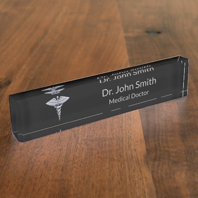 Medical Classy Silver Caduceus on Black Nameplate (Side)