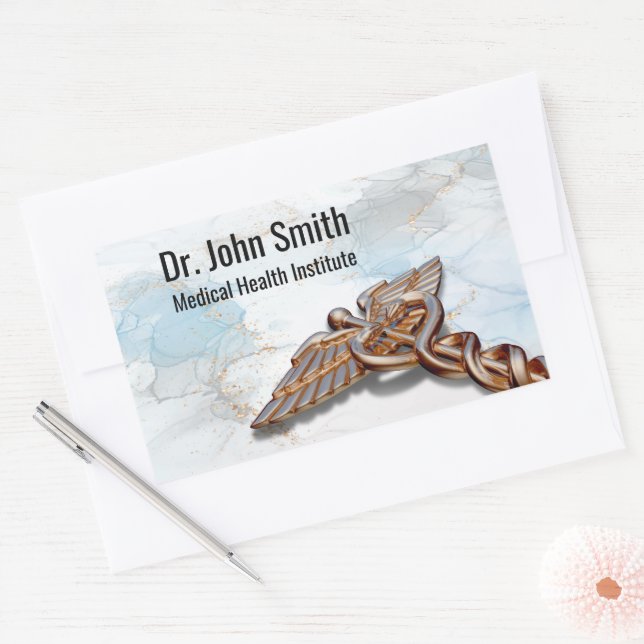 Medical Copper Rose Gold Caduceus Luxury Marble Rectangular Sticker (Envelope)