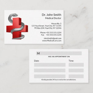 Medical Cross Red Symbol Silver Serpent Snake Appointment Card