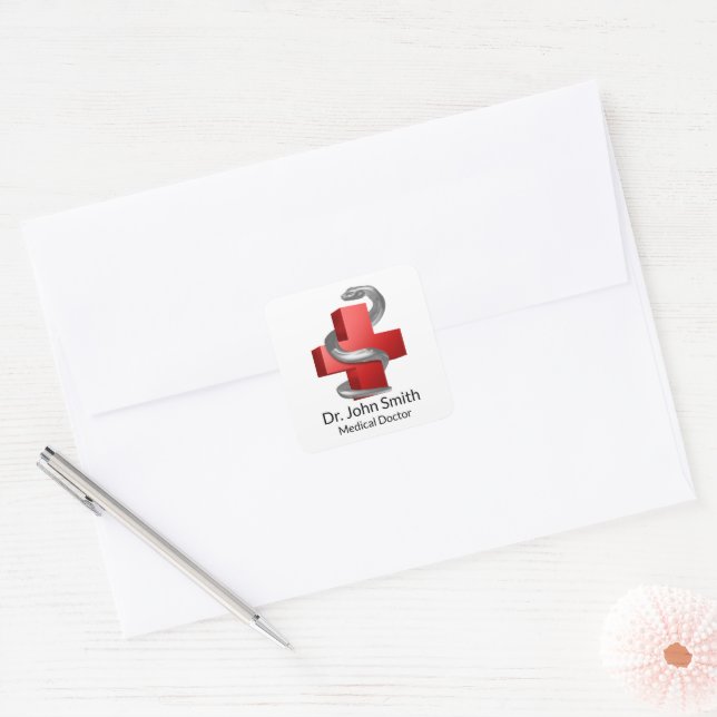 Medical Cross Red Symbol Silver Serpent Snake Square Sticker (Envelope)