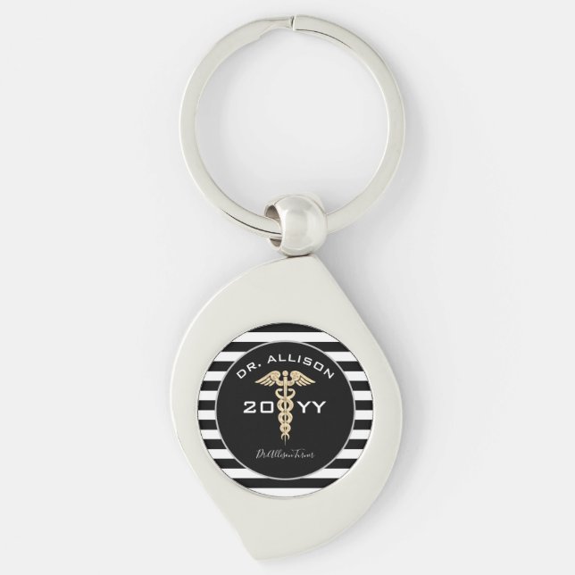 Medical Doctor Caduceus Black Gold Personalised Key Ring (Front)