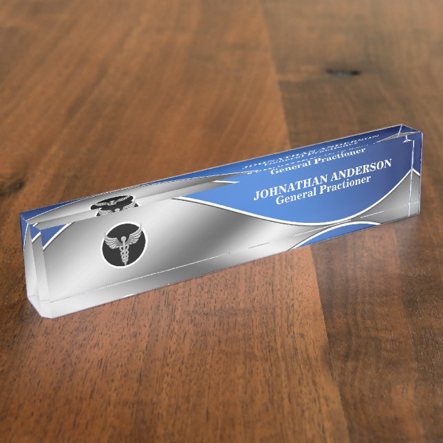 Medical doctor healthcare silver caduceus blue nameplate (Side)