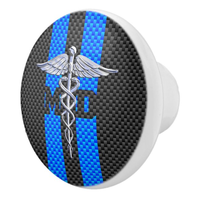 Medical Doctor MD Caduceus on Blue Stripes Ceramic Knob (Right)