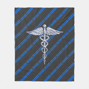 Medical Doctor MD Caduceus on Blue Stripes Fleece Blanket