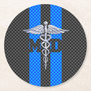 Medical Doctor MD Caduceus on Carbon Fibre Decor Round Paper Coaster