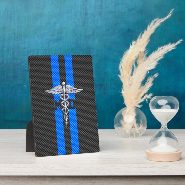 Medical Doctor MD Caduceus on Carbon Fibre Print Plaque (Side)