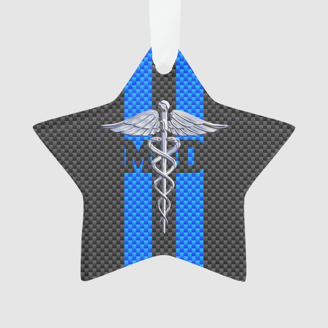Medical Doctor MD Caduceus on Carbon Fibre Style Ornament (Front)