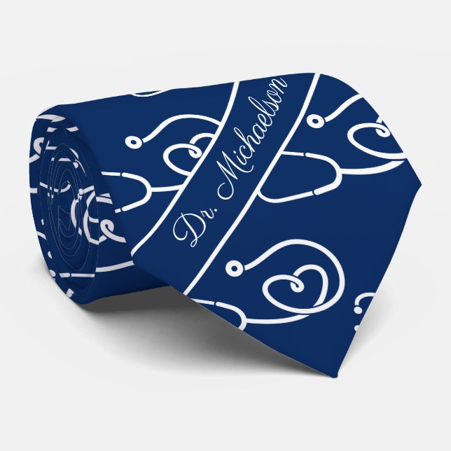 Medical Doctor Stethoscope Pattern Physician Blue Tie (Rolled)