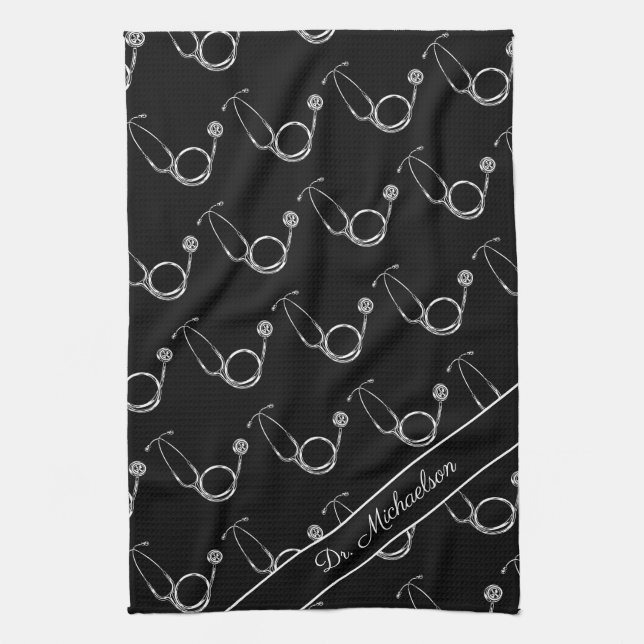 Medical Doctor Stethoscope Pattern Physician Name Tea Towel (Vertical)