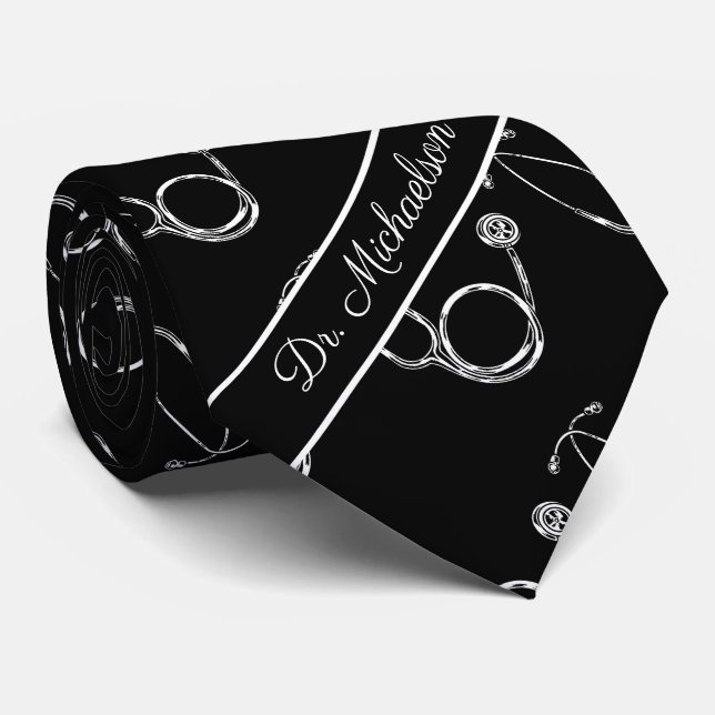 Medical Doctor Stethoscope Pattern Physician Name Tie (Rolled)
