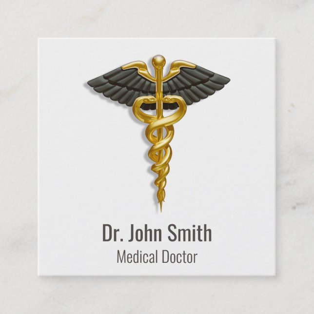 Medical Elegant Gold Caduceus Black Wings Classy Square Business Card (Front)