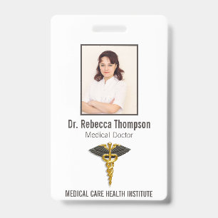 Medical Elegant Gold Caduceus Black Wings Photo ID Badge