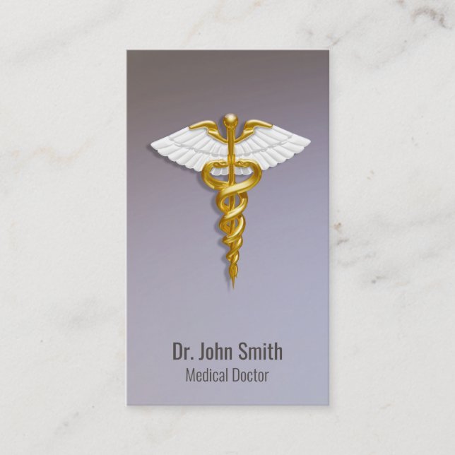 Medical Elegant Gold Caduceus White Wings Business Card (Front)