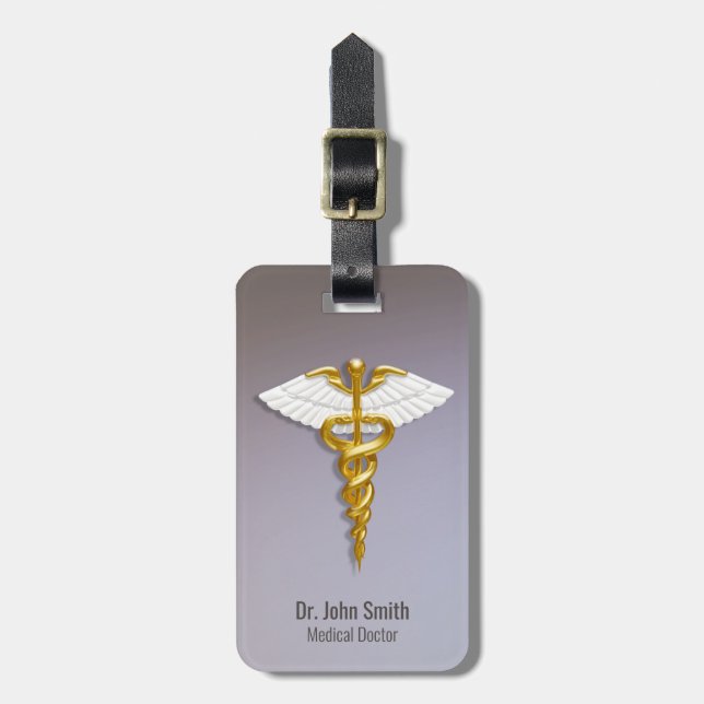Medical Elegant Gold Caduceus White Wings Luggage Tag (Front Vertical)